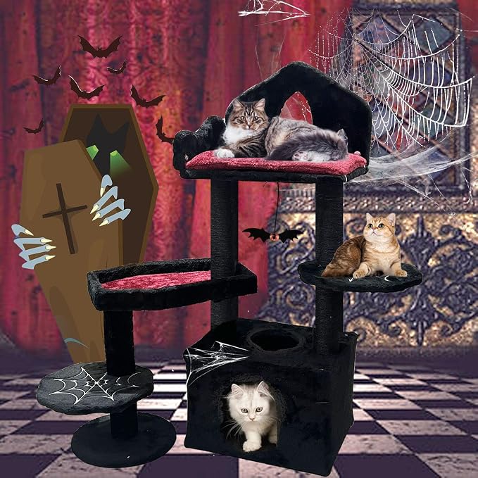 Gothic Cat Tree with Coffin Bed, Cat Tower with Scratching Post, Goth Cat Tower with Spacious Cat Condo Black Cat Tree with Regal Throne Bed, Black Spider Figurine