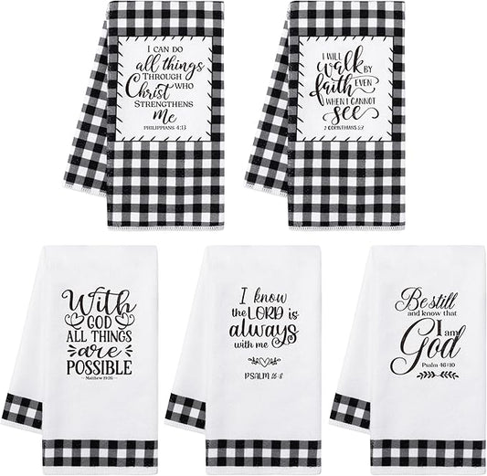 R HORSE 5Pcs Religious Christian Kitchen Dish Towel Black and White Check Cleaning Dishcloth Bible Verse Scripture Absorbent Bar Hand Towel Easter Gift for Women Men Housewarming Decor