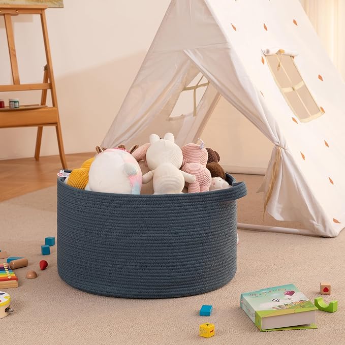 OIAHOMY 90L Extra Large Blanket Basket - Decorative Cotton Rope Storage Basket for Bedroom, Living Room & Nursery - Woven Laundry Hamper for Organizing Blankets, Clothes & Toys - Blue