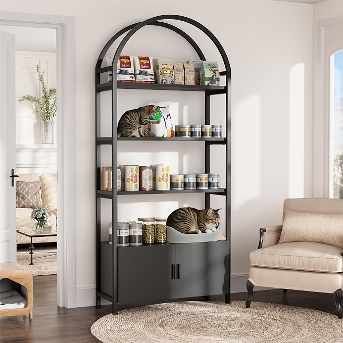 Kepptory Arched Cat Storage Shelf, 5-Tier Cat Tower Display Rack with Cabinet