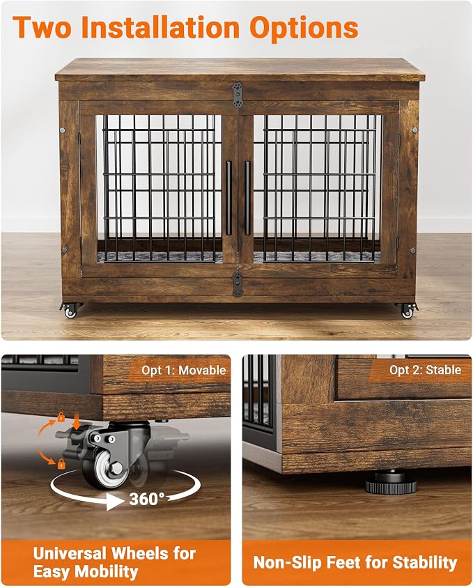 YaFiti Dog Crate Furniture, 38.5" Wooden Dog Kennel, 2 Pack, Rustic Brown | Cushion, Wheels, Double Doors, for Large/Medium Dogs, Up to 70 lb, Furniture Style, Side End Table, Decorative Pet Cage House