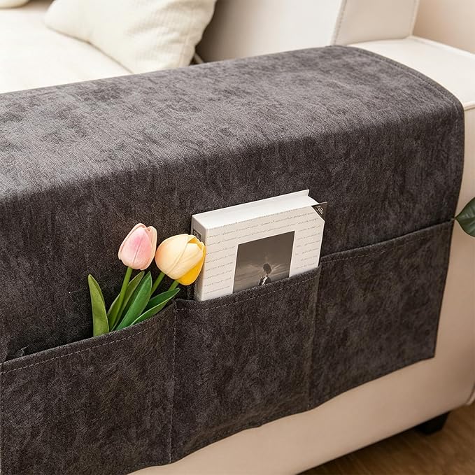 Sofa Armrest Cover with Pockets Set of 2 Solid Color Furniture Protector Slip Chenille Non Slip Recliner Organizer Remote Holder Caddy Accessories for Living Room Bedroom Kitchen 24*43.3 Inch Gray