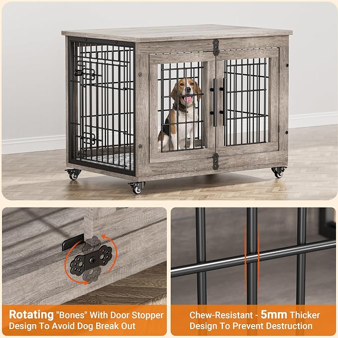 2 Pack Dog Crate Furniture,32'' Heavy Duty Kennel with Cushion & Wheels | Grey, Double Doors, Wooden Dog Cage, Chew-Resistant, End Table, Decorative, 27"/32"/38"/44" Options, Indoor