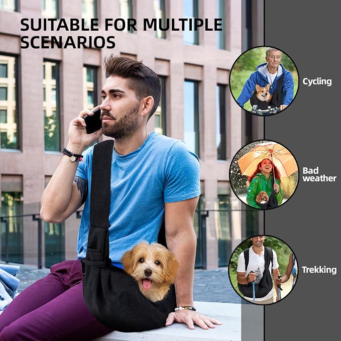 ARZQUT Dog and Cats Carrier Sling, Small Pet Carrier with Storage Pocket | Reversible Puppy Sling Carrier, Safety Buckle, Storage bag, Machine Washable for Travel, Outdoor Activitie, Hand-Free, Black