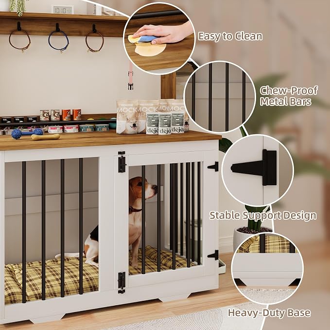 31'' Wooden Dog Crate Furniture with Storage Shelf & 4 Hooks - Heavy Duty Dog Kennel for Small/Medium Dogs, Indoor Pet Cabinet, Side Table, White