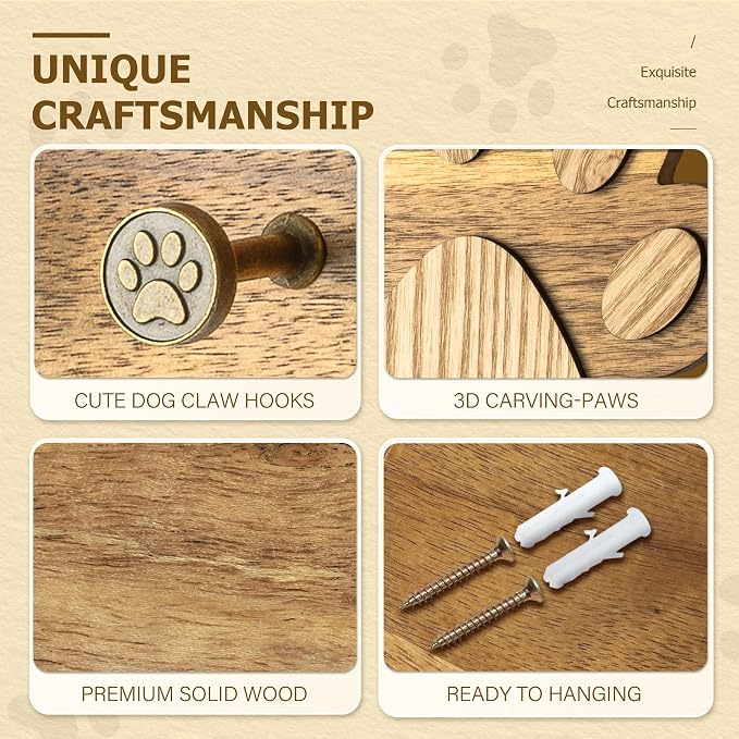 MTERSN Acacia Wood Cute Dog Leash Holder for Wall for Pet Organizer, Brown | Acacia Wood, Unique 3D Pet Claw Hooks, Key Holder Wall Mount with 6 Hooks, Farmhouse Home Decor for Entryway & Apartment