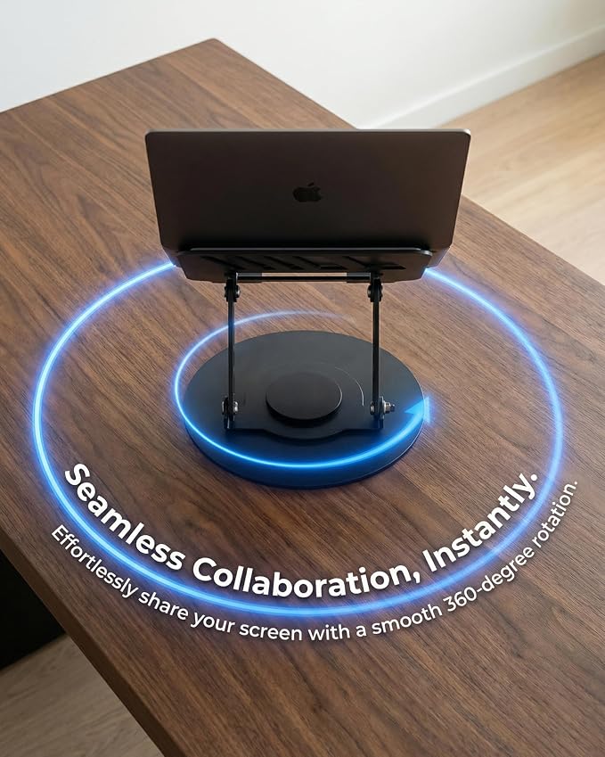 Compatible 360° Rotating Adjustable Laptop Stand, Fully Foldable Dual Rotary Shaft Laptop Riser Portable Standing Desk, Fits MacBook & All 10-15 Inch Laptops - Black
