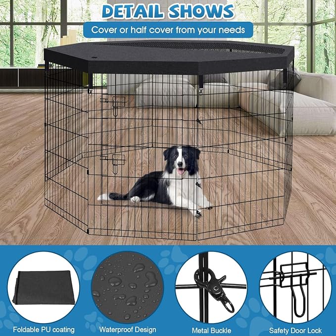 Artmalle 36-Inch Dog Playpen with Top Cover, 8-Panel Rustproof Fence | 36-inch rustproof 8-panel dog playpen with 600D Oxford Top cover, tool-free setup and roomy space for indoor or outdoor use.
