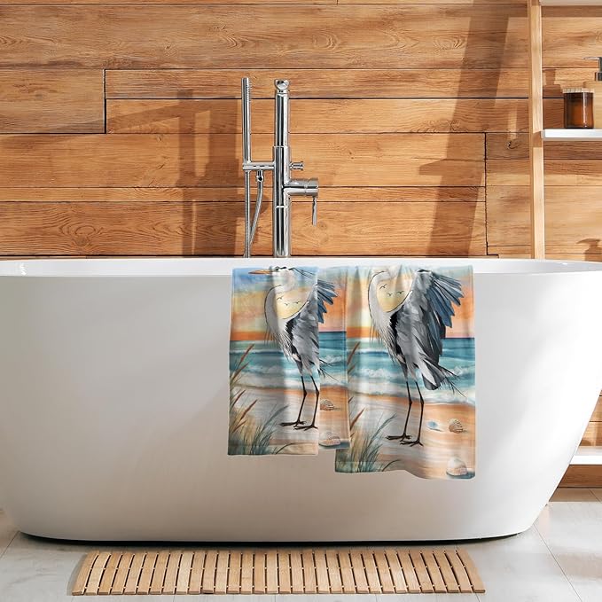 Giwawa Heron Towel Set of 2 Watercolor Summer Coastal Sea Bird Decorative Hand Face Towels for Bathroom Guest Nautical Beach Themed Microfiber Kitchen Dish Towel for Hotel Gym Spa Season