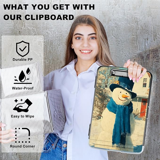 A4 Clipboard with Storage Pen Holder, Clipboards Organizer Nursing Clipboard Foldable File Folder Plastic Clipboard Folio Clip Board for Office Work Classroom Doctor, Blue Towel Snowman