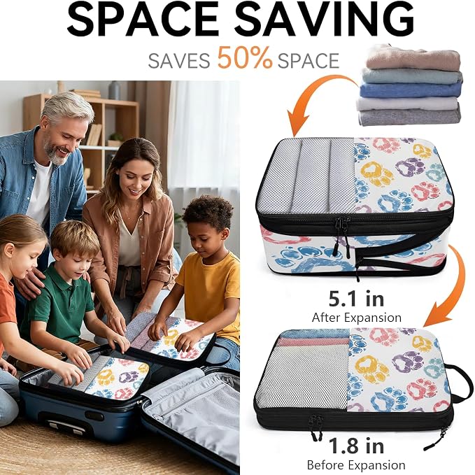 Paw Print Compression Packing Cubes Paw Print Pet Animal 6 Set Travel Packing Cubes for Suitcases Lightweight Expandable Organizers