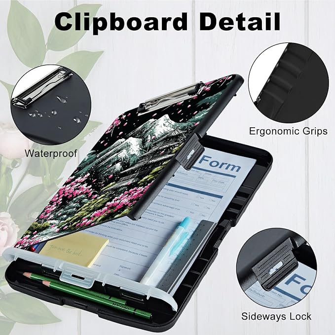 A4 Clipboard with Storage Pen Holder, Clipboards Organizer Nursing Clipboard Foldable File Folder Plastic Clipboard Folio Clip Board for Office Classroom Doctor, Sakura Dark Mountain Range