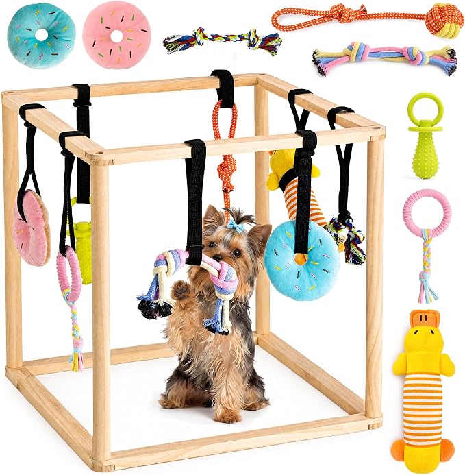Puppy Play Gym for Small Dogs, Wooden Indoor Dog Playground with Hanging Toys, Interactive Puppy Gym & Jungle Gym for Enrichment, Agility Equipment (17.7 inch)