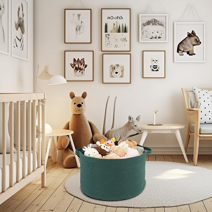 XUANGUO Extra Large Cotton Rope Round Storage Basket 22" x 14" Dark Green | Woven basket for blankets, toys, towels, laundry, nursery, living room and pet toy storage.