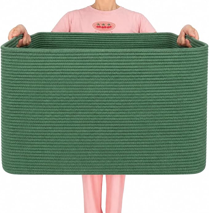 112L Extra Large Blanket Basket Holder Living Room, 25"x17"x16" Rectangle Rope Woven Storage Basket with Handles for Laundry, Towels, Shoes, Dog Toy Organizer Bin Box, Green