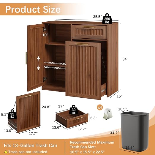 13 Gallons Pull Out Trash Can Cabinet with Storage, Fluted Pet Proof Trash | Kitchen Trash Cabinet with Adjustable Shelf & Drawer, Hidden Garbage Can Cabinet for for Laundry, Living Room