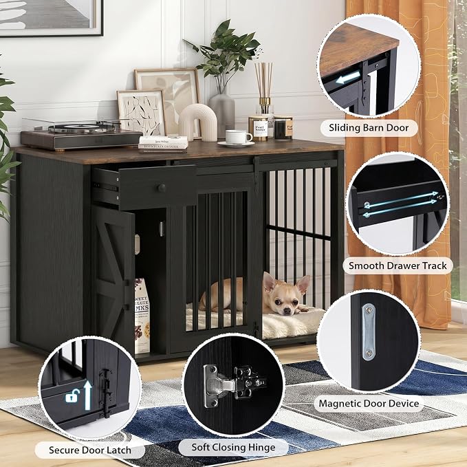 Verano Garden 44" Dog Crate Furniture, Dog Kennel (44" Left Facing Door) | 2-in-1, Lockable, Sliding Door, Removable Divider, Adjustable Shelf, Farmhouse, Heavy Duty, Small Medium Dogs, Black