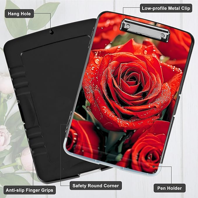 A4 Clipboard with Storage Pen Holder, Clipboards Organizer Nursing Clipboard Foldable File Folder Plastic Clipboard Folio Clip Board for Office Work Classroom Doctor, Red Rose