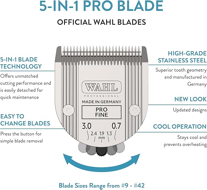 Wahl Professional Animal 5-in-1 Pro Adjustable Clipper Blade - for Arco, 5 Style Groom, Bravura, Chromado, Creativa, Figura & Motion Clippers - Replacement Blades - Silver
