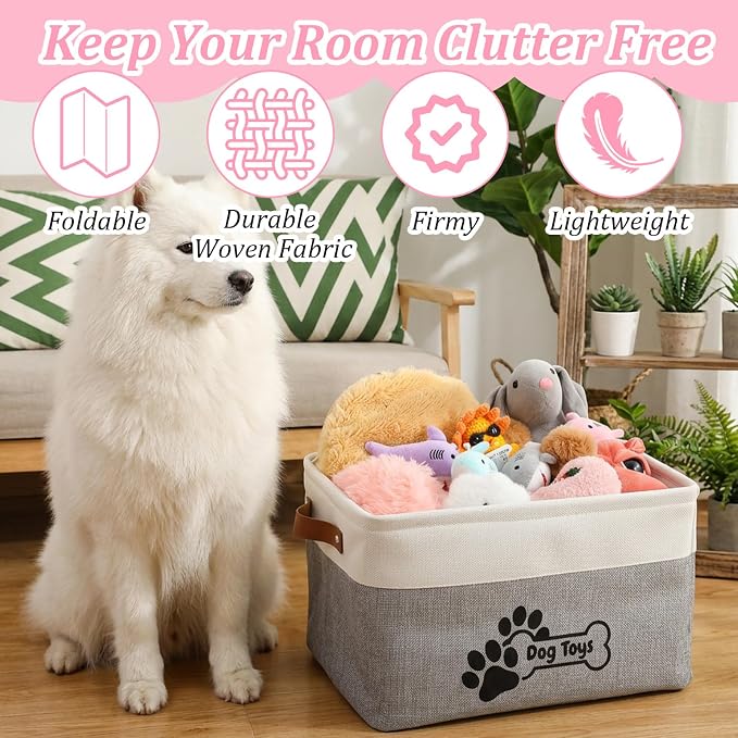 2-Pack Linen Toy Basket for Dogs, Foldable Dog Toy Storage Basket with Handles, Gray Organizer Bin for Pet Toys, Leashes, Blankets & Accessories (15x11x9 Inches)