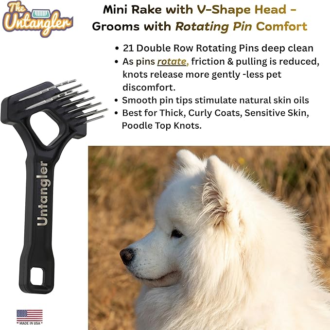 Mini-Rake V-Shape Double Row 1" Rotating Teeth Detangles and Grooms Dogs