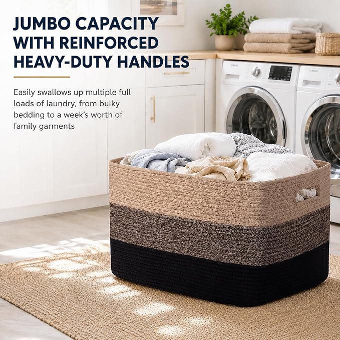 OIAHOMY Blanket Basket Laundry Basket Dog Toy Basket 75L Yellow Black | Large Storage Basket,Baby Basket,Toy Storage,Woven Rope Basket for Blankets,Blanket Storage for Living Room