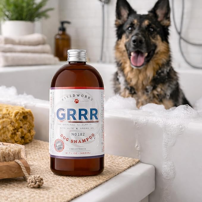 GRRR All-Natural Dog Shampoo – Gentle for Sensitive Skin. with Bentonite Clay, Argan Oil, Aloe & Shea Butter. Lavender Scent, Hypoallergenic, Biodegradable, 12oz