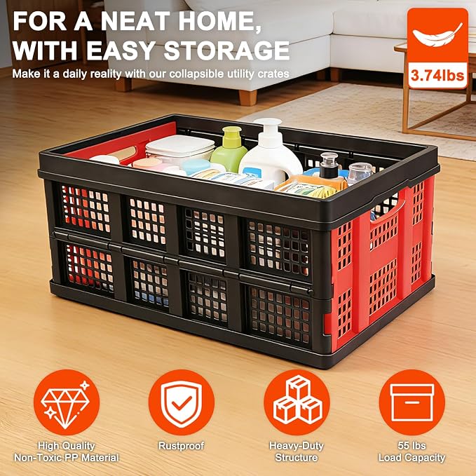 55L Collapsible Storage Bins with Handle, | Platic Storage Crates for Organizing Tools, Books, Food, Drinks, Camping & Home, Large to Hold 55 lbs Folding Utility Crate