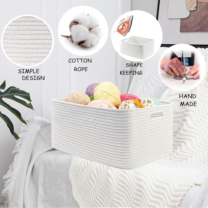 COMFY-HOMI Cotton Rope Woven Basket with Handles for Shelves,Toys,Book, Cloth Storage Baskets Bin for Organizing- 1 PCSToy Decorative Organizer for Living Room, Bathroom 17" x 13" x 7.5"