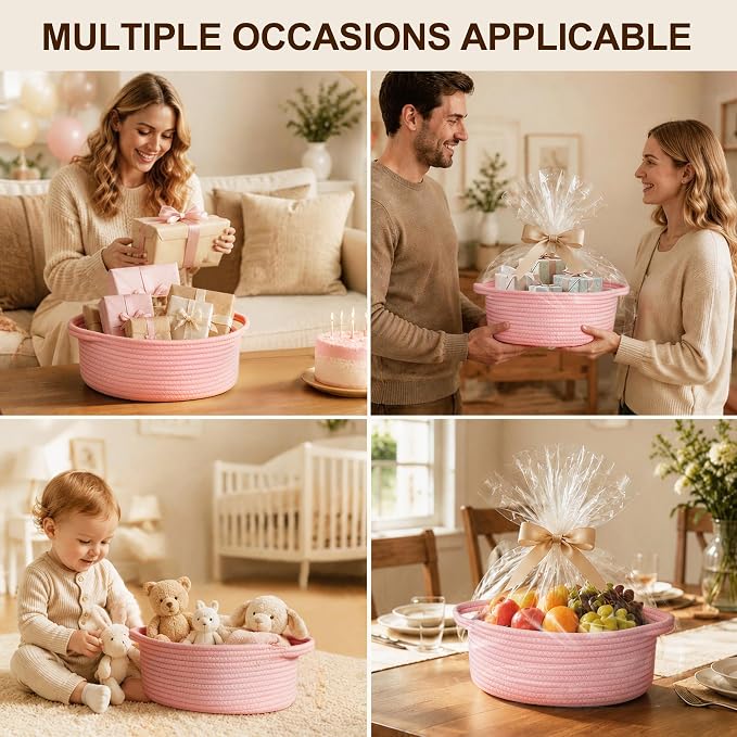Pink Basket for Gifts Empty, 13"x9"x5" Small Woven Cotton Rope Baskets for Storage, Empty Gift Basket for Birthday, Easter, Christmas, Valentines, Cute Baby Nursery Organizer, Pink Room Decor