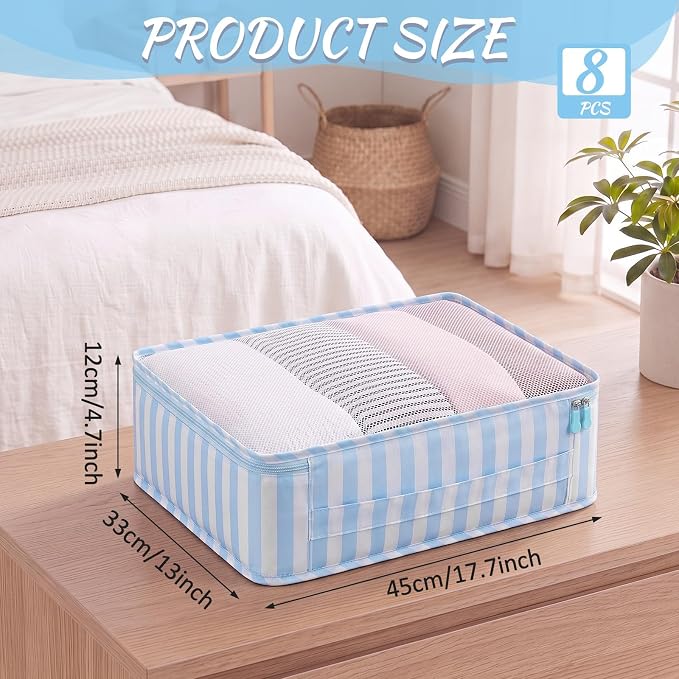 Silkfly 8 Pcs XL Packing Cube for Travel Luggage,Stripe,Blue, White | 17.7 x 13 x 4.7, Same Size, Blue White Stripe Suitcase Storage Organizer Set, Reusable Mesh Clothes Cube for Camp Family