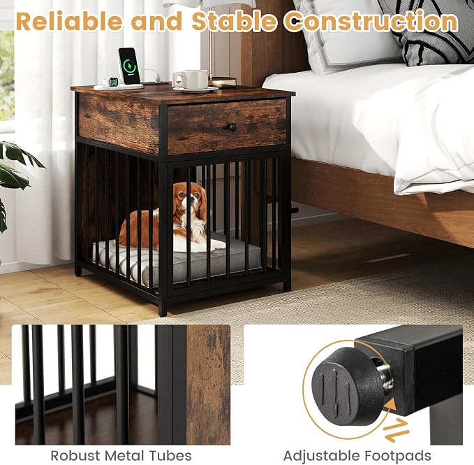 Giantex Dog Crate End Table with Charging Station, Small Dog Kennel Furniture with Drawer, Chew-Resistant Metal Tube, Lockable Door, Indoor Pet Cage Side Table for Small Dogs, Rustic Brown