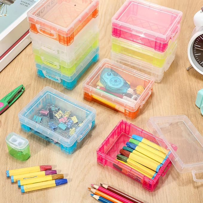 Suzile 50 Pcs Plastic Crayon Box with Lid 4.8 x 3.4 x 1.6, Multi Colors | Small Crayon Storage Containers Bulk, for Office School Classroom, Art Crafts Pen Pencil Organizers, Back to School Supplies