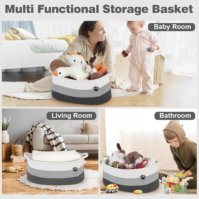 Optish 40L Extra Large Dog Toy Basket, 20" x 14" x 9" XL Toy Storage Box and Bin with Handles, Woven Cotton Rope Foldable Basket for Blankets, Living Room, Bedroom, Home Decor, White & Grey