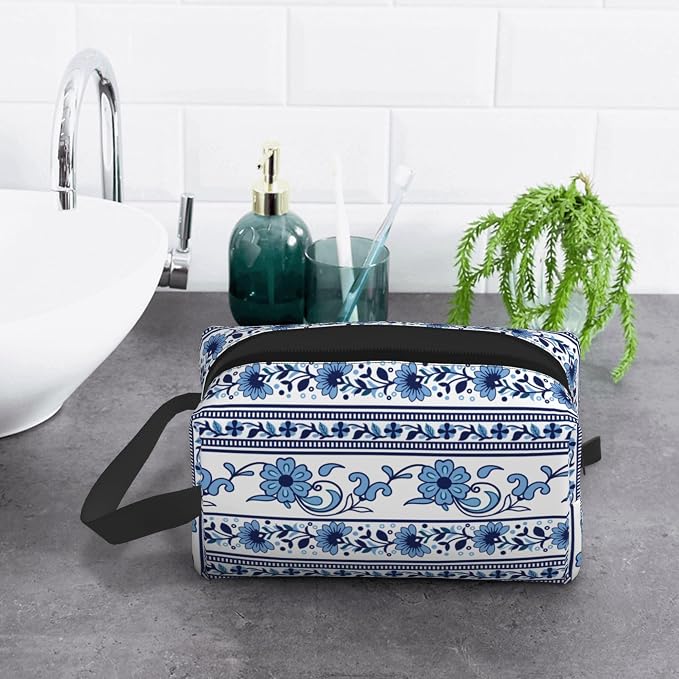 Blue & White Aesthetic Makeup Bag - Durable 600D Oxford Fabric Travel Cosmetic Bag, Shockproof Foam Padded Toiletry Organizer for Gym & Daily Use 10x6.2x4.9 Inch