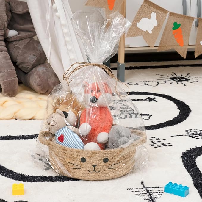 Small Woven Rope Cat Toy Basket with Cat Face Design, Jute | 9.8" x 4" Cute Cat Basket with Handles, Small Toy Bin & Box for Living Room & Nursery, Natural Instinct Basket for Cats Dogs