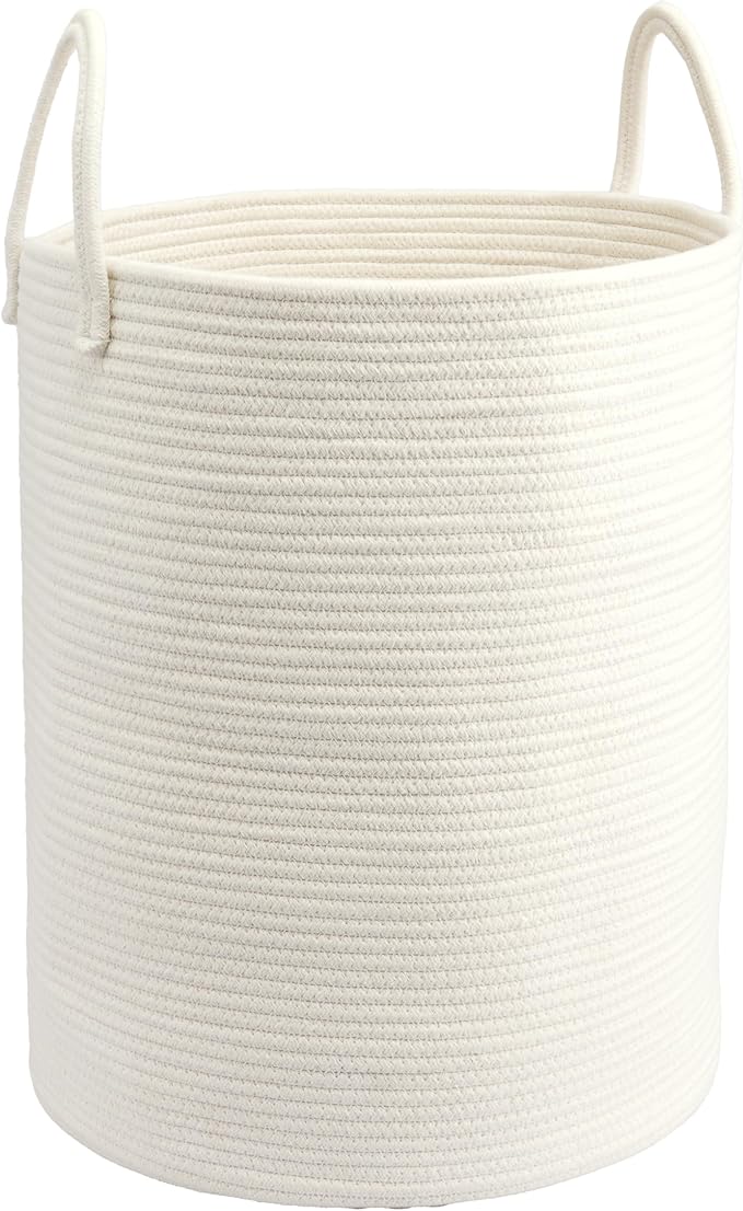 Woven Cotton Rope Laundry Basket, 15" x 20" Laundry Hamper, White | Rope storage basket for dirty clothes, toys and blankets. Perfect for bathroom, baby nursery and living room storage.