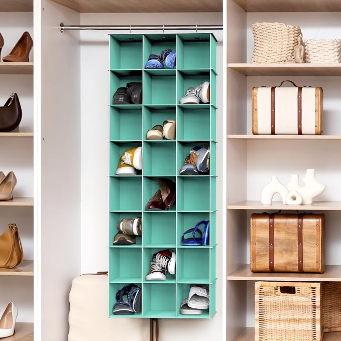 Simple Houseware 24 Section Shelves Hanging Shoes Organizer, Turquoise | 3 Metal Hooks, 8 Tier, Holds Up to 24 lbs