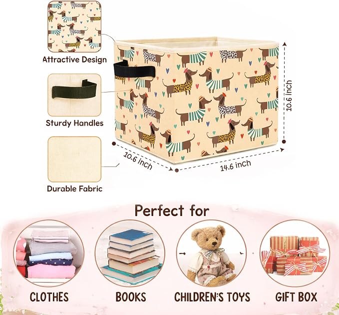 Cute Dachshund Heart Foldable Fabric Storage Bin for Kids Room | Cute dachshund and heart pattern; foldable basket for toys, books, clothes in kids room, nursery, bedroom, or playroom.