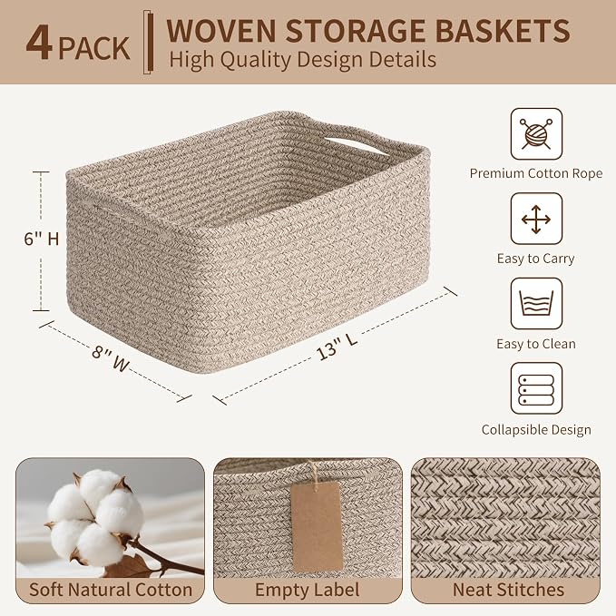 Goodpick 4 Pack Storage Baskets for Organizing Shelves, Brown | 13" x 8" x 6" Woven Rope Baskets for Baby Toys & Books, Decorative Gift Basket for Home Organization, Rectangle Design