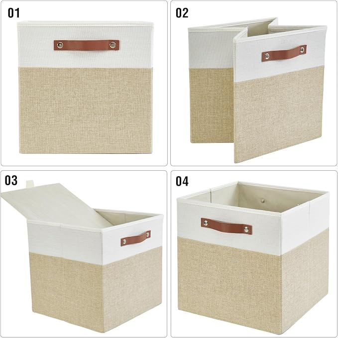 13x15x13 Storage Cube Bins, Foldable Storage Organizer Baskets, Fabric Cube Storage Boxes with 2 Reinforced PU Handles for Kallax, Shelves, Living Room | 4 Pack, Beige & White