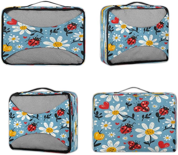 4 Set Packing Cubes for Travel, Ladybugs Florals Packing Cubes for Women, Travel Luggage Packing Organizers, Packing Cube Set, Daisy Flowers
