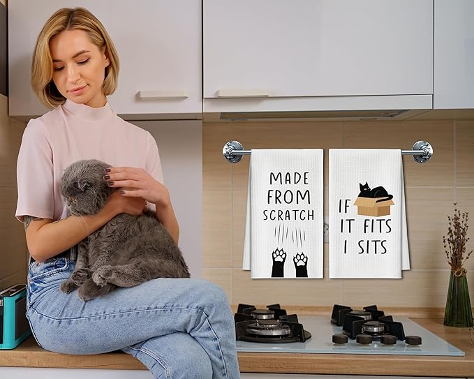 Kitchen Towels Set of 2, Black Cat Dish Towel for Kitchen, Decorative Hand Towels for Bathroom, Fast Drying Tea Towel with Funny Sayings, Housewarming Gifts for Cat Lover Women Mom -B06