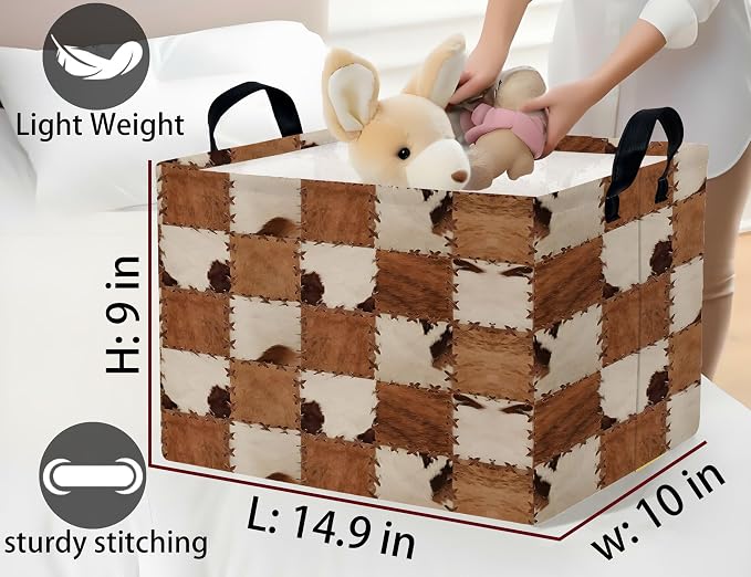 Checkered Kids Toy Basket Collapse Storage Bin with Handles Canvas Cow Fur Print Home Decor(Brown White)