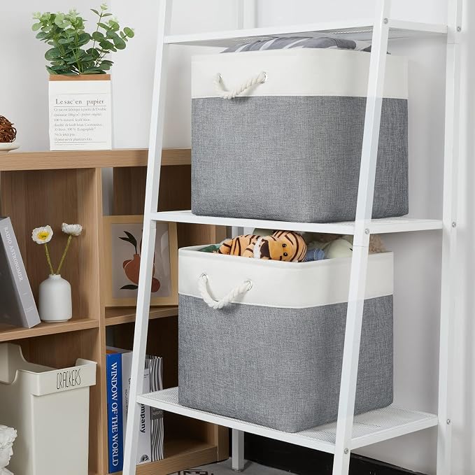Temary Fabric Baskets 13 Inch Cube Storage Baskets with Rope Handle, Storage Cube Bins Clothes Basket for Gift, Large Storage Bins for Storage Books, Blankets (White&Gray)