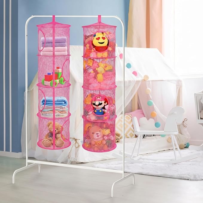 Hanging Stuffed Animal Storage Hammock Net 4 Tiers, Hot Pink | Hanging Mesh Storage Organizer for Kids Room, Holds Plushies, Gloves, Hats, Socks, Foldable Space-saving Design