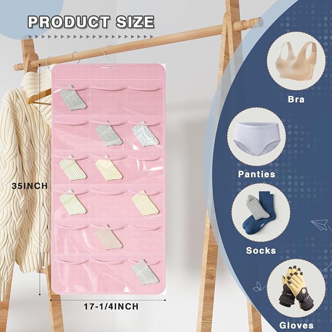 26-Pocket Hanging Closet Organizer for Socks and Underwear, Pink | Non-woven clear compartments keep bras & leggings visible; swivel hook fits wardrobe, closet rod, wall, door or shelves.