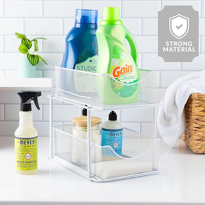 Sorbus Pull-Out Under Sink Organizer, Mesh Construction (White, 2 Pack) | Two-tier metal organization with strong steel and sliding drawers for bathrooms, kitchens, cabinets, closets and pantries.