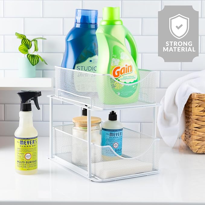 Sorbus Pull-Out Under Sink Organizer, Mesh Construction (White, 1 Pack) | Two-tier metal organization with strong steel and sliding drawers for bathrooms, kitchens, cabinets, closets and pantries.