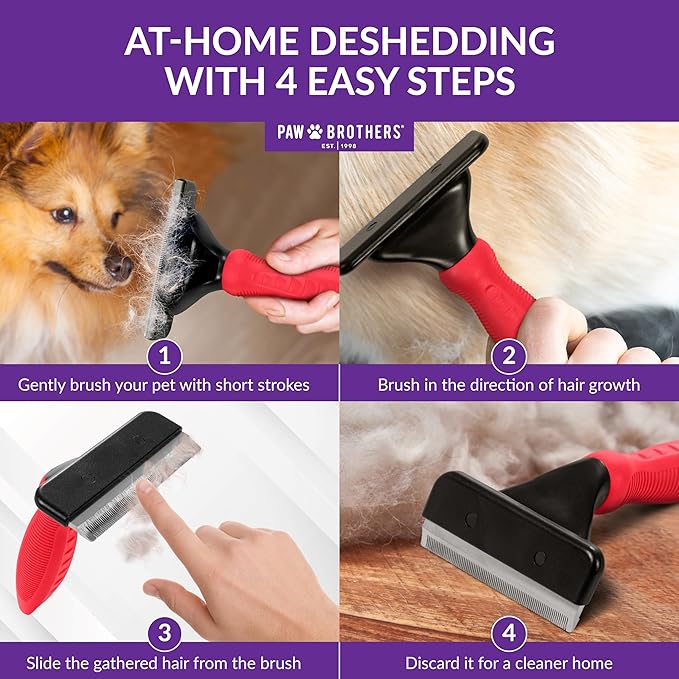 Paw Brothers Deshedding Tool, Deshedding Brush for Dogs and Cats, Professional Dog Grooming for Shedding, Pet Hair Remover, Fur Removal Brush for Medium and Long Pet Hair, 4" x 6", Large